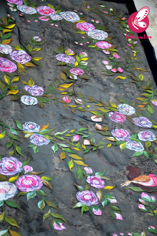 Black Organza Handpainted Colourful Floral Stole