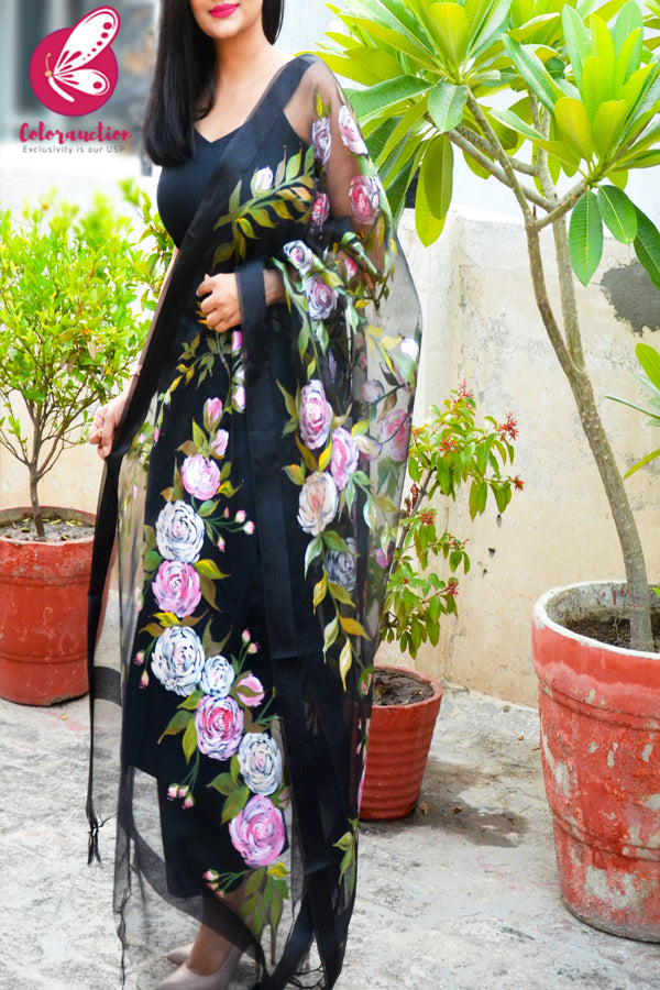 Black Organza Handpainted Colourful Floral Stole