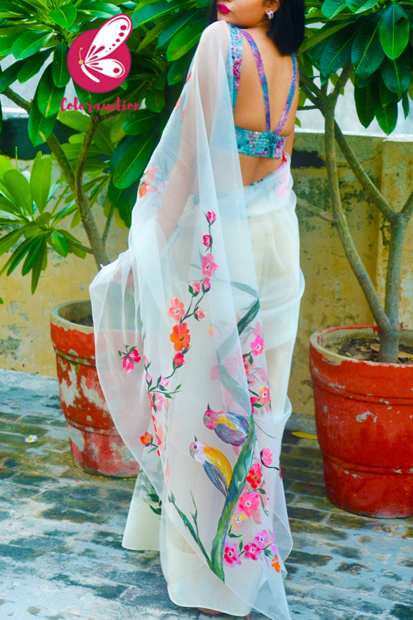 Ivory Pure Organza Floral Handpainted Saree