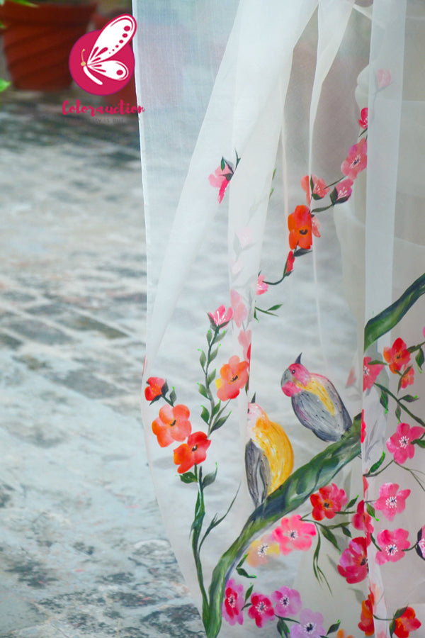 Ivory Pure Organza Floral Handpainted Saree
