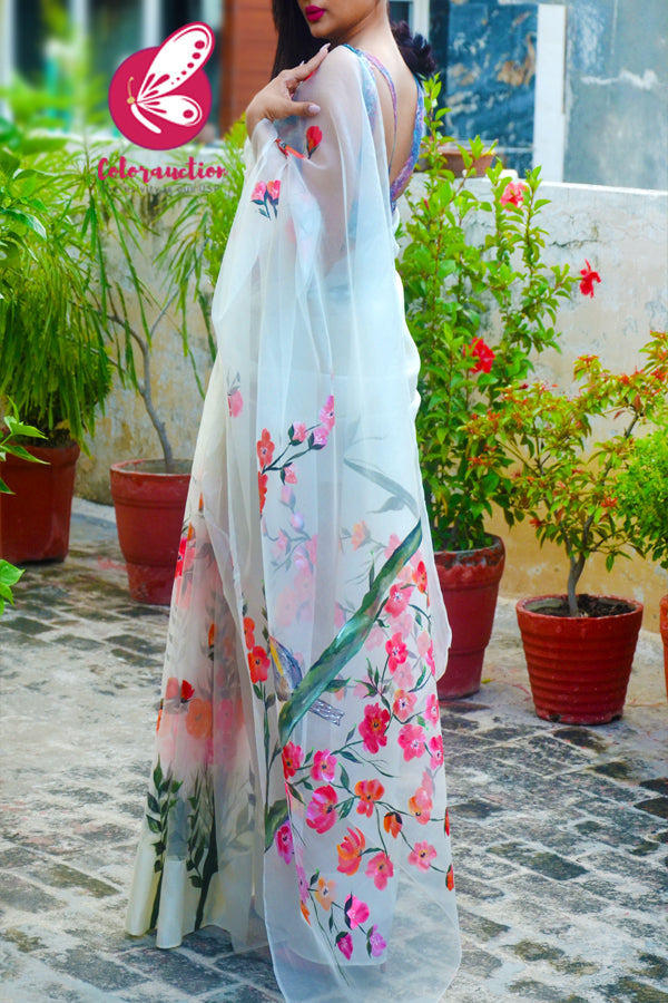 Ivory Pure Organza Floral Handpainted Saree