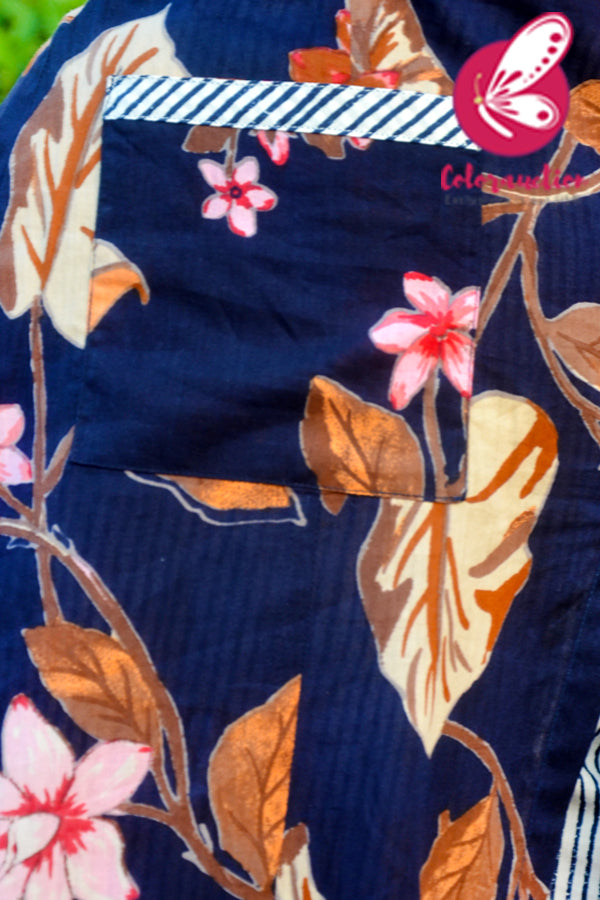 Navy Blue &amp; White Printed Floral Cotton Kurti Set