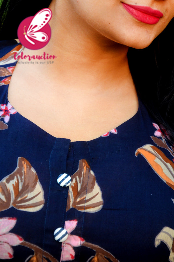 Navy Blue &amp; White Printed Floral Cotton Kurti Set