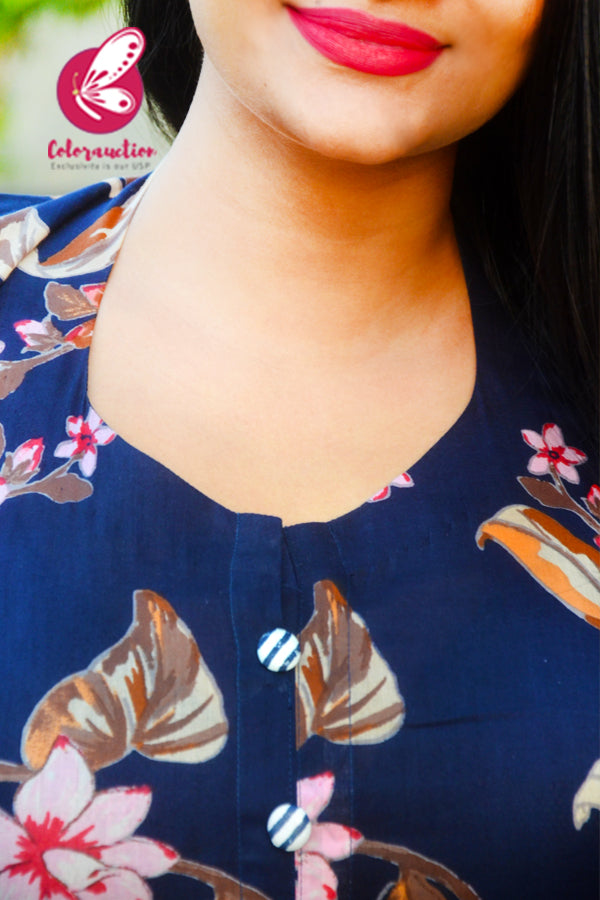Navy Blue &amp; White Printed Floral Cotton Kurti Set