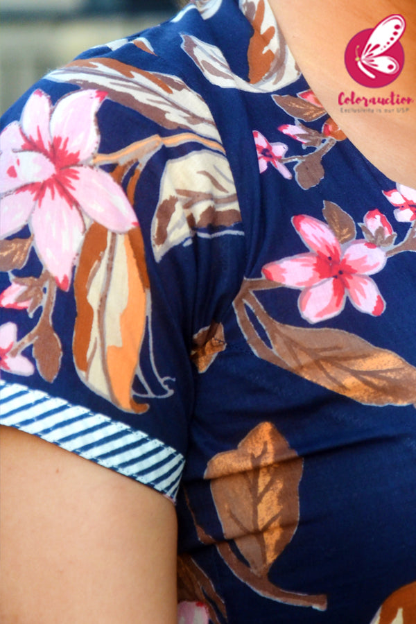 Navy Blue &amp; White Printed Floral Cotton Kurti Set