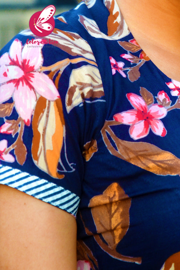 Navy Blue &amp; White Printed Floral Cotton Kurti Set