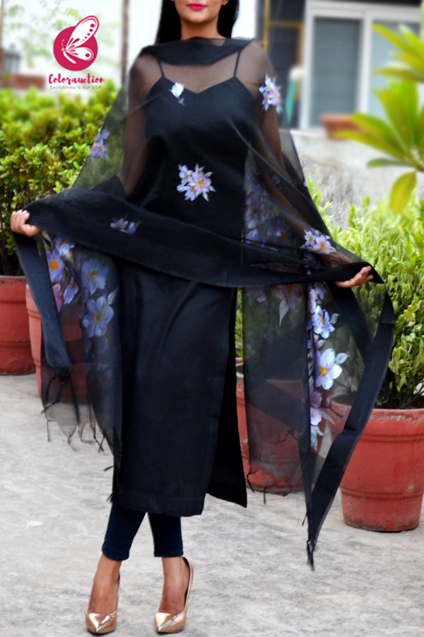 Black Pure Organza Lilac Floral Stole