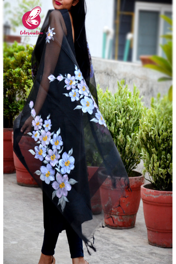 Black Pure Organza Lilac Floral Stole