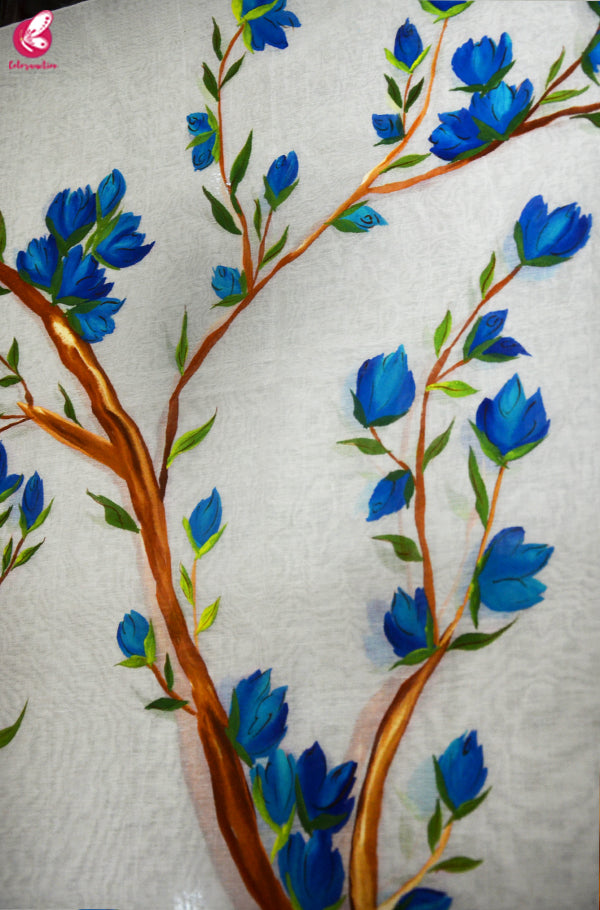 Off White Chanderi Multicolored Floral Handpainted Stole