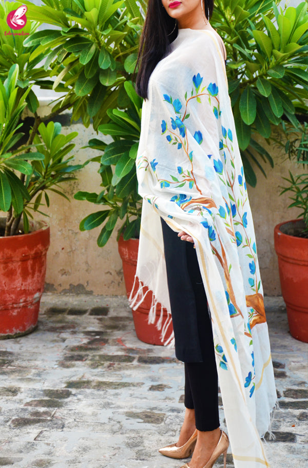 Off White Chanderi Multicolored Floral Handpainted Stole