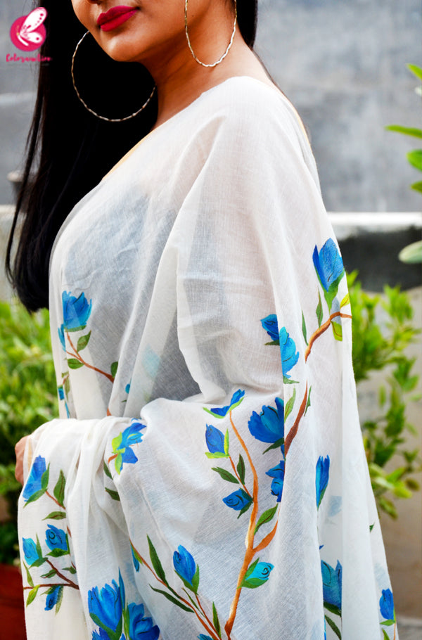 Off White Chanderi Multicolored Floral Handpainted Stole