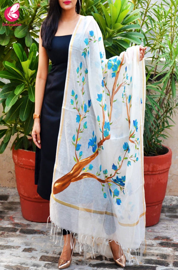 Off White Chanderi Multicolored Floral Handpainted Stole