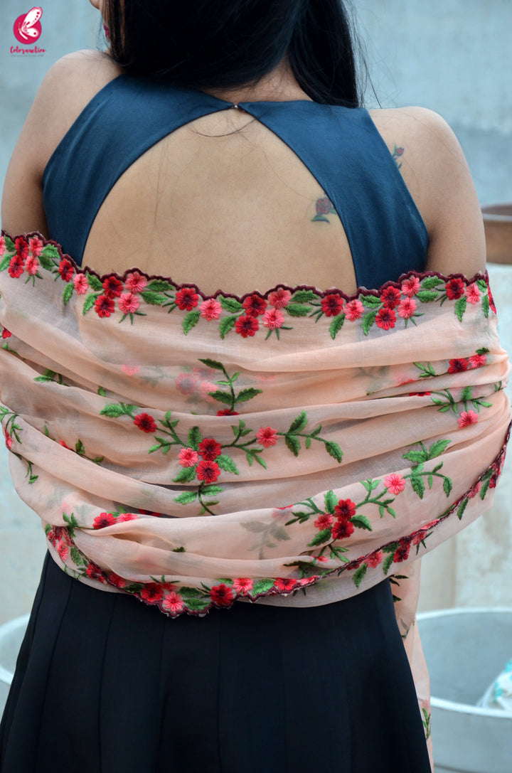 Peach Tissue Embroidered Floral Dupatta