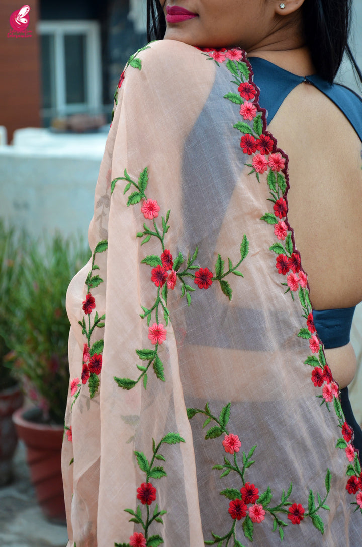 Peach Tissue Embroidered Floral Dupatta