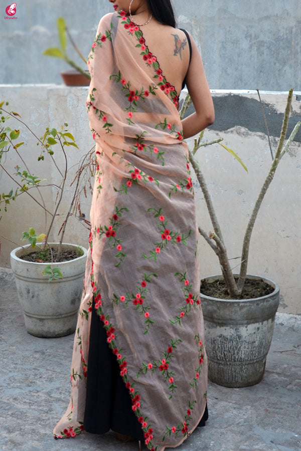 Peach Tissue Embroidered Floral Dupatta