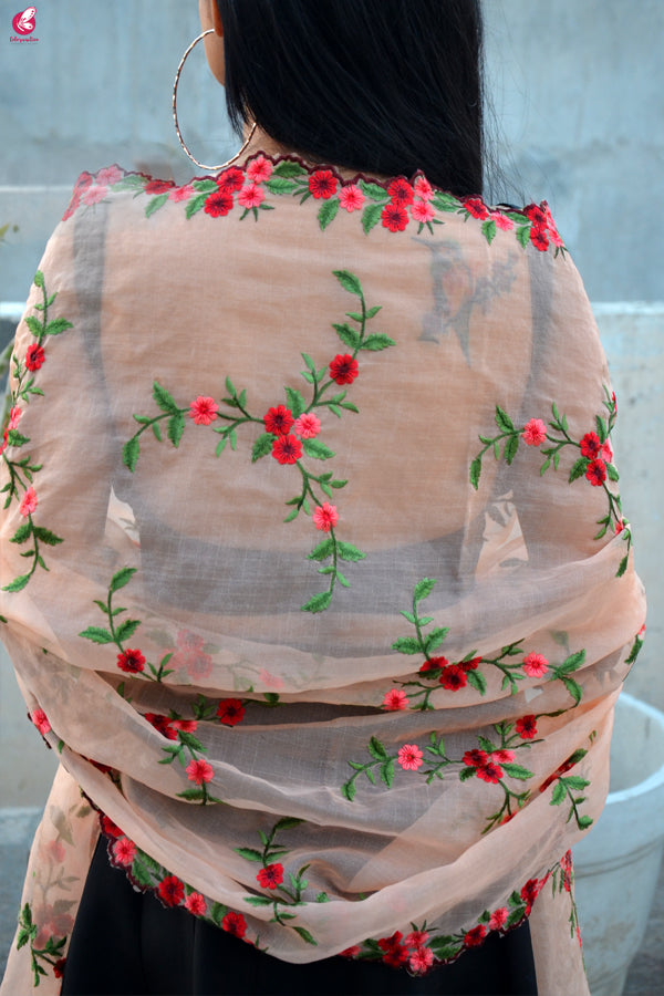 Peach Tissue Embroidered Floral Dupatta