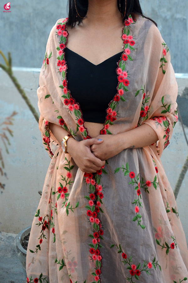 Peach Tissue Embroidered Floral Dupatta