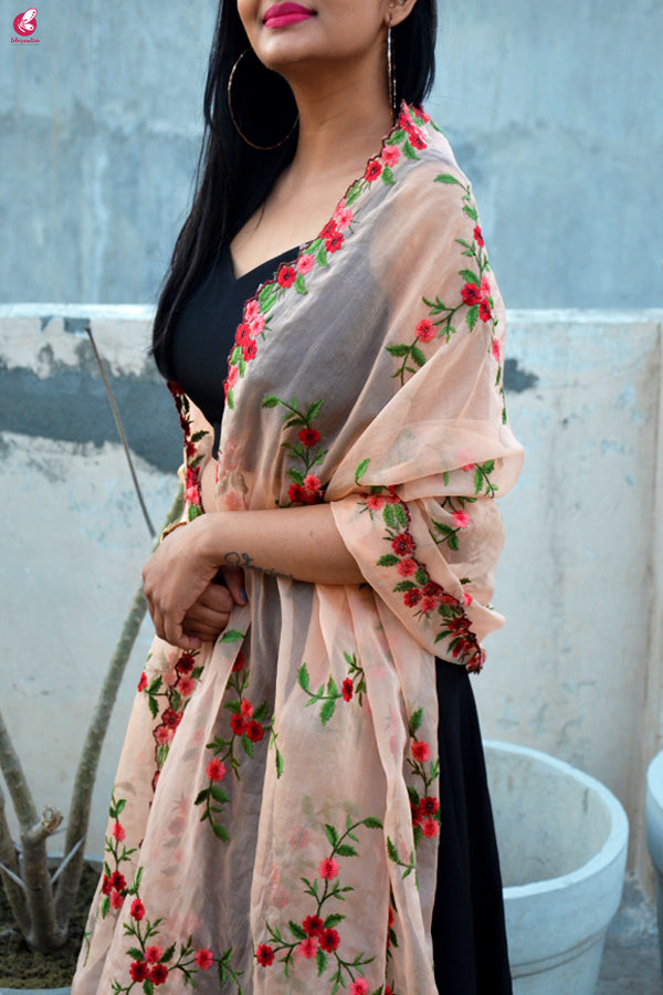 Peach Tissue Embroidered Floral Dupatta