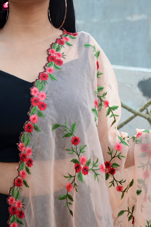 Peach Tissue Embroidered Floral Dupatta