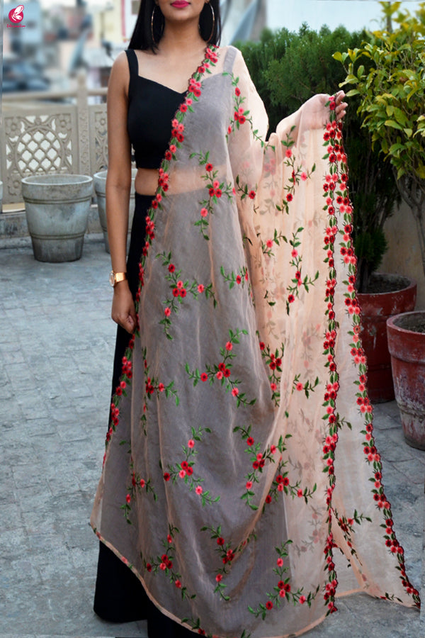 Peach Tissue Embroidered Floral Dupatta
