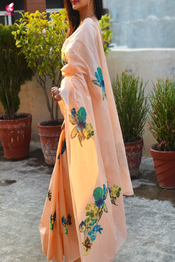 Peach &amp; Blue Organdy Applique Floral Saree