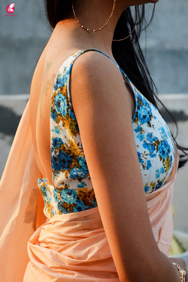 Peach &amp; Blue Organdy Applique Floral Saree