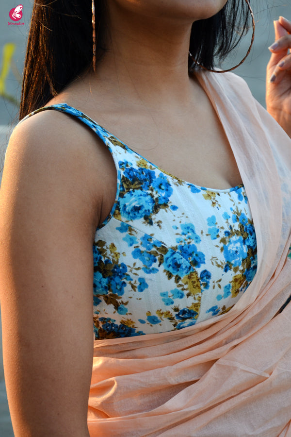 Peach &amp; Blue Organdy Applique Floral Saree