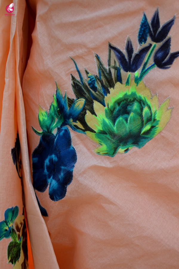 Peach &amp; Blue Organdy Applique Floral Saree