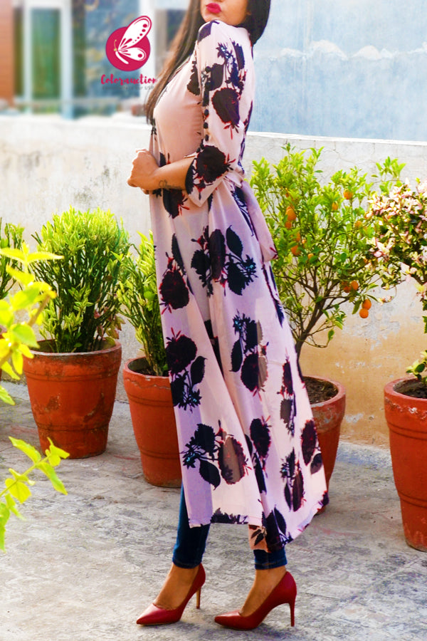 Peach Printed Georgette Open Front Long Shrug