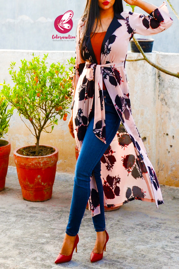 Peach Printed Georgette Open Front Long Shrug