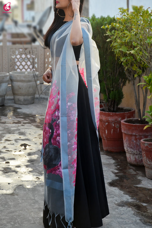 Grey Organza Hand painted Multi color Peacock Stole