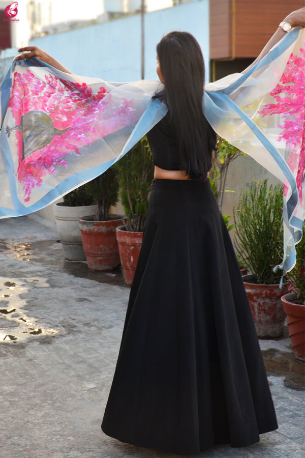 Grey Organza Hand painted Multi color Peacock Stole