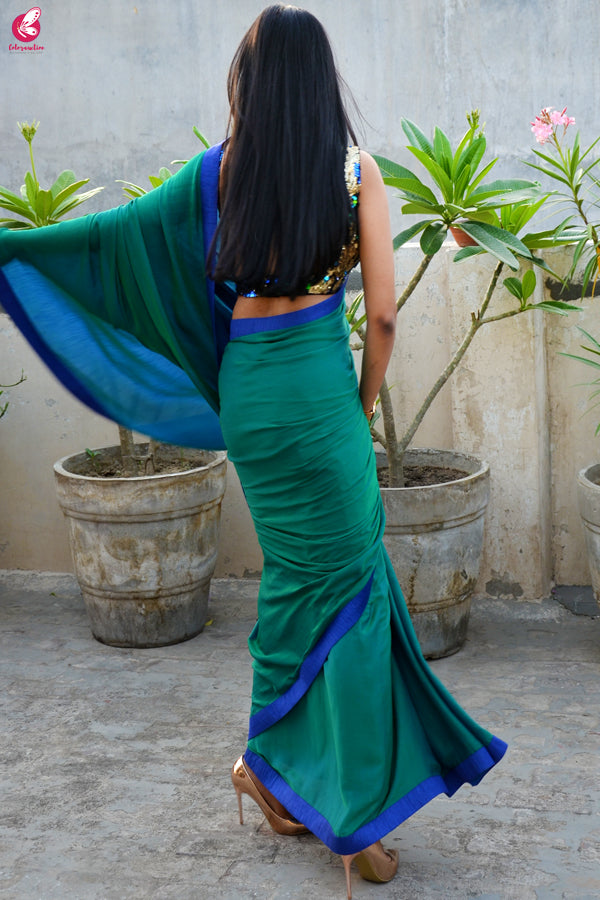 Green Blue Crepe Chiffon Double Shaded Saree