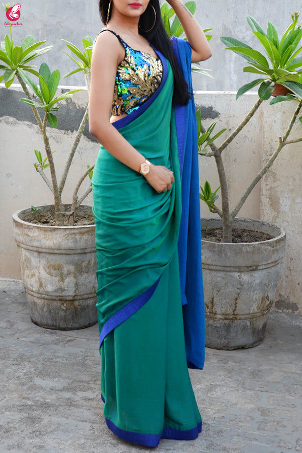 Green Blue Crepe Chiffon Double Shaded Saree
