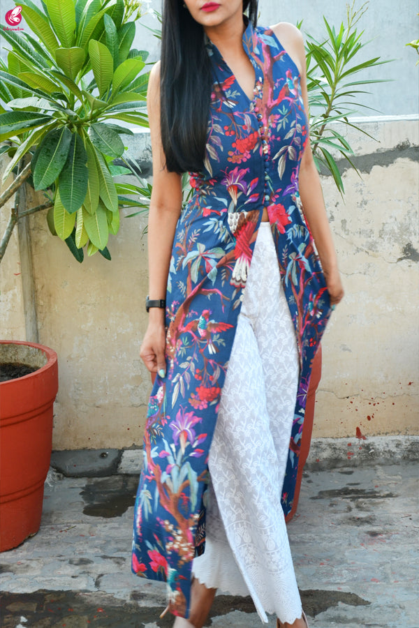 Blue Printed Cotton Kurti with Lakhnawi Cotton Full Lining Palazzo