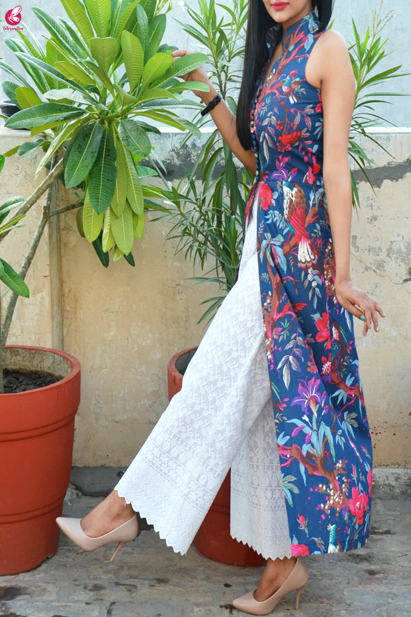 Blue Printed Cotton Kurti with Lakhnawi Cotton Full Lining Palazzo