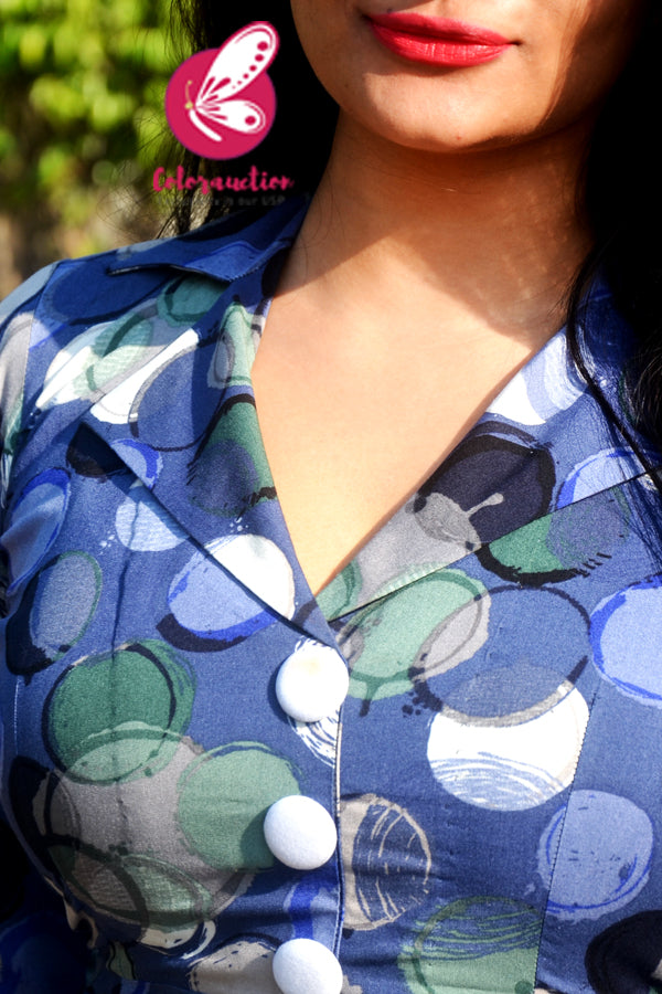 Blue Printed Rayon Kurti with Cream White Cotton Silk Pants Kurti Set