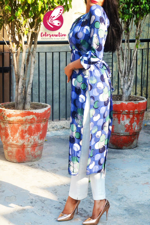 Blue Printed Rayon Kurti with Cream White Cotton Silk Pants Kurti Set