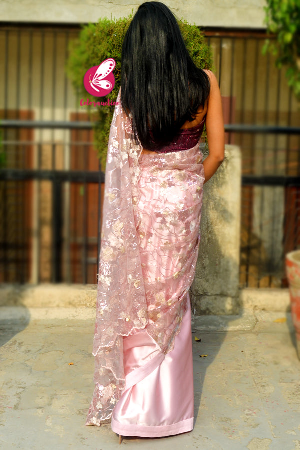 Pastel Pink Embroidered Pure Satin Net Half and Half Saree