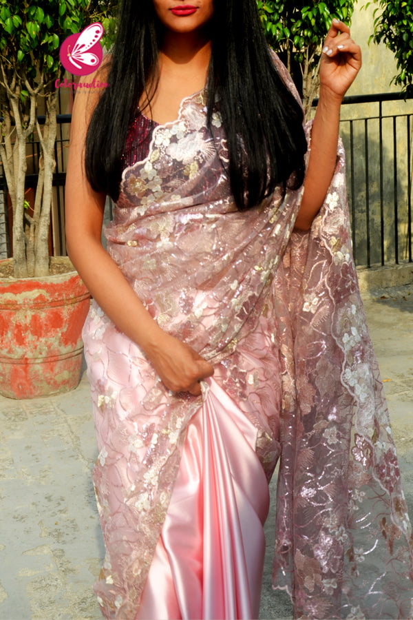 Pastel Pink Embroidered Pure Satin Net Half and Half Saree