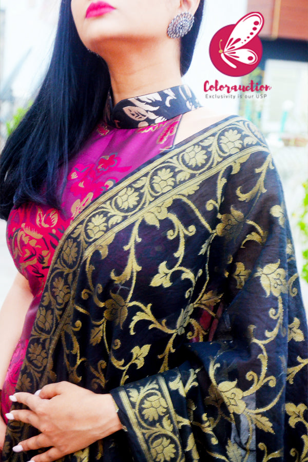 Magenta &amp; Golden Brocade Silk Padded Kurti with Magenta Cotton Silk Pants and Black Golden Chanderi Dupatta