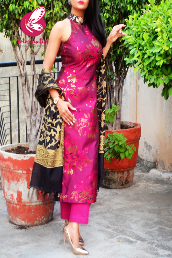 Magenta &amp; Golden Brocade Silk Padded Kurti with Magenta Cotton Silk Pants and Black Golden Chanderi Dupatta