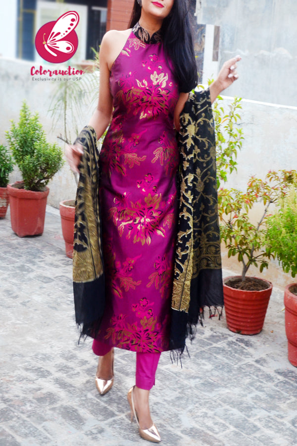 Magenta &amp; Golden Brocade Silk Padded Kurti with Magenta Cotton Silk Pants and Black Golden Chanderi Dupatta
