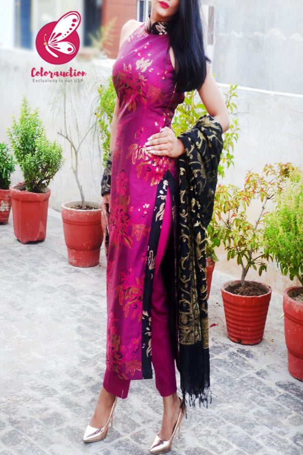 Magenta &amp; Golden Brocade Silk Padded Kurti with Magenta Cotton Silk Pants and Black Golden Chanderi Dupatta