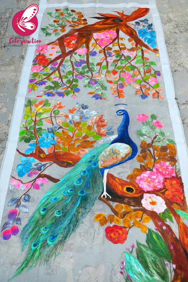 White Organza Handpainted Peacock Floral Statement Stole