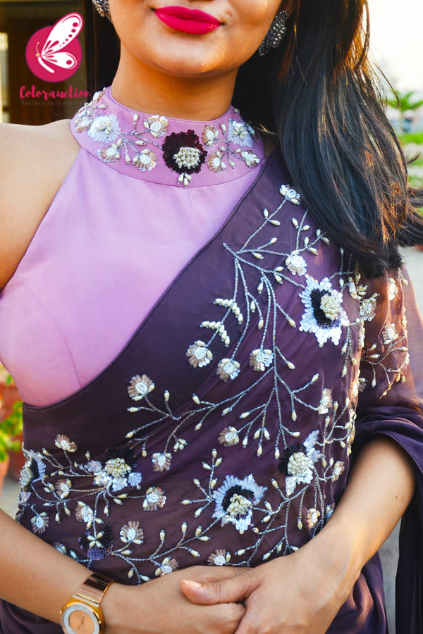 Mauve Purple Pure Silk Chiffon Sequins Pearl Handwork Saree