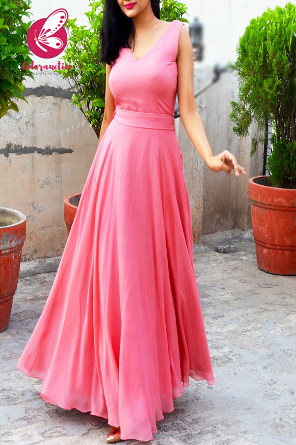Pink Double Flair Padded Long Dress