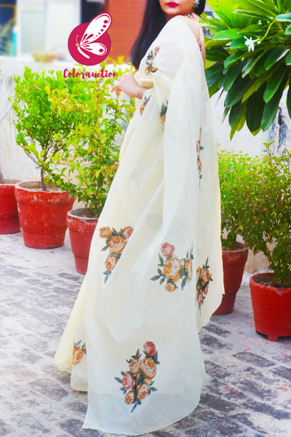 Light Yellow Applique Organdy Floral Saree