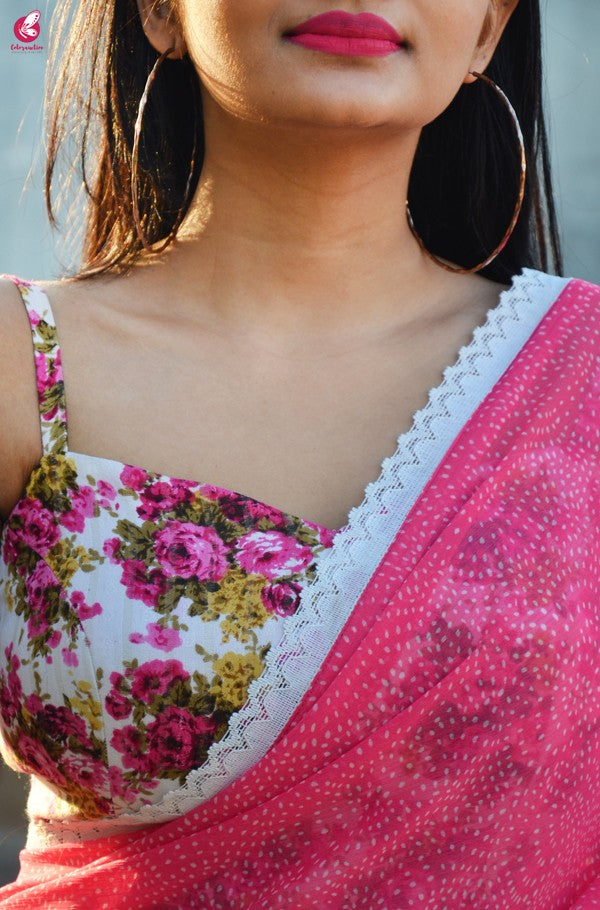 White Multicoloured Floral Strappy Tussar Cotton Backless Blouse