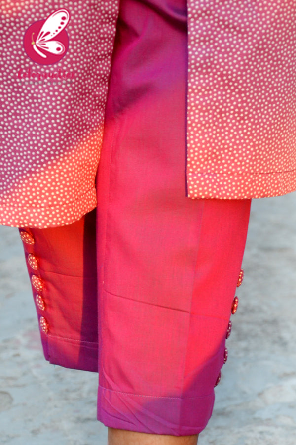 Mauve Purple Cotton Silk Prined Kurti with Two Tone Mauve Purple Cotton Silk Pants